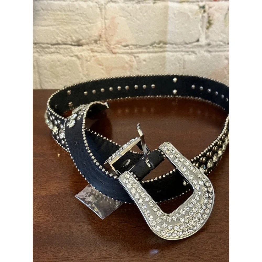 Women's Black Rhinestone Leather Belt size S/M Western Style Black Belt Bling
